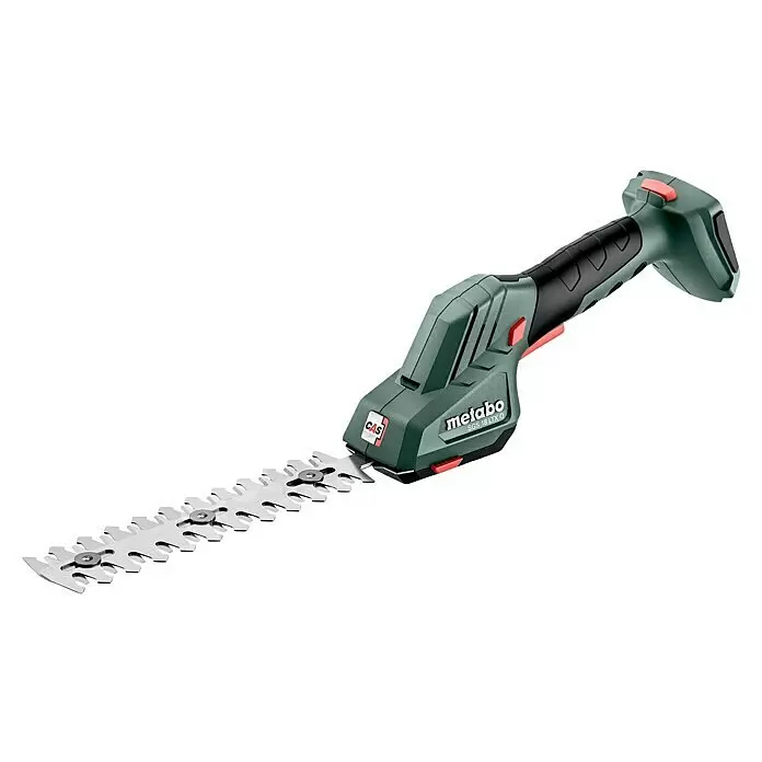 Metabo CAS 18V Akku-Gras- & Strauchschere SGS 18 LTX Q - 18 V, Li-Ionen, Ohne Akku, Schwertbreite: 13 cm - Akkubetriebene grüne und schwarze Metabo SGS 18 LTX Q Strauchschere mit silbernem gezahntem Messer.