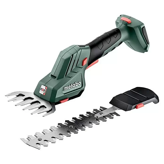 Metabo CAS 18V Akku-Gras- & Strauchschere SGS 18 LTX Q - 18 V, Li-Ionen, Ohne Akku, Schwertbreite: 13 cm - Metabo Akku-Gras- und Strauchschere in Grün-Schwarz, mit kurzer Grasschere und separater Heckenschere.