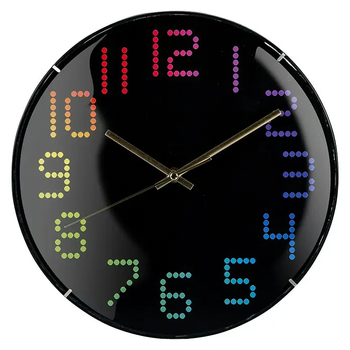 Wanduhr - Durchmesser: 30 cm, Schwarz - Wanduhr mit schwarzem Hintergrund und farbigen LED-Ziffern, die ein modernes und stilvolles Design bietet.