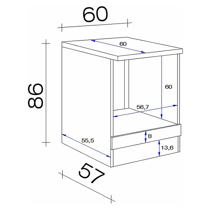 Flex-Well Rom  Herd-Umbauschrank - 60 x 60 x 86 cm, Weiß - Abbildung eines Unterschranks mit Schublade, mit den Massen 86 cm Höhe, 60 cm Breite und 57 cm Tiefe.