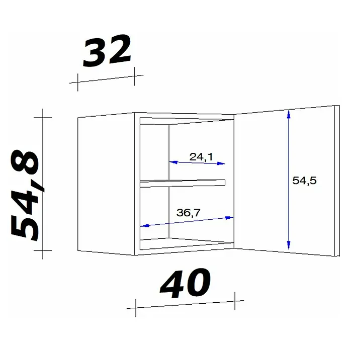 Flex-Well Palma Küchen-Hängeschrank - 32 x 40 x 54 cm, Dekor Front: Kaschmir Glanz - Produktansicht mit Maßangaben. Das Produkt ist ein Schrank mit Fächern. Die Maße sind in der Abbildung gut erkennbar.