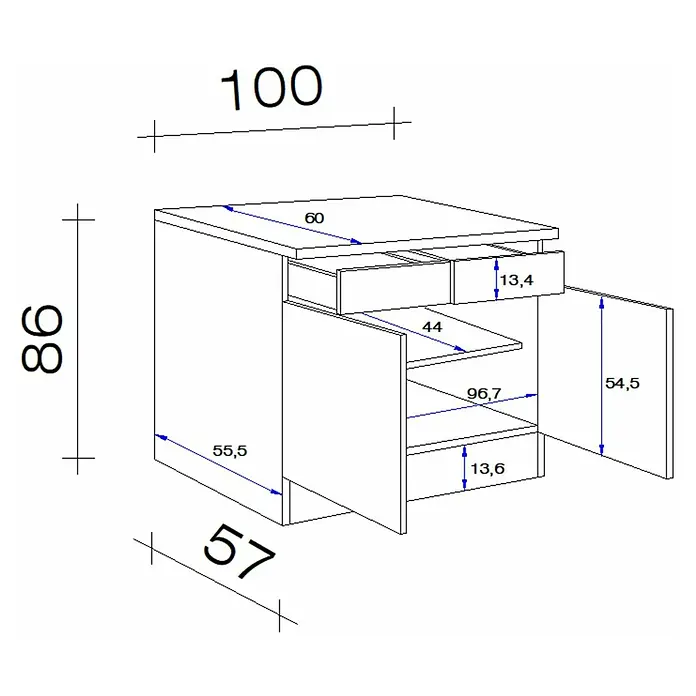 Flex-Well Valero Unterschrank - 60 x 100 x 86 cm, Weiß - Abbildung eines Unterschranks mit Schubladen und Regalfächern, der viel Stauraum bietet. Die Maße sind detailliert dargestellt.