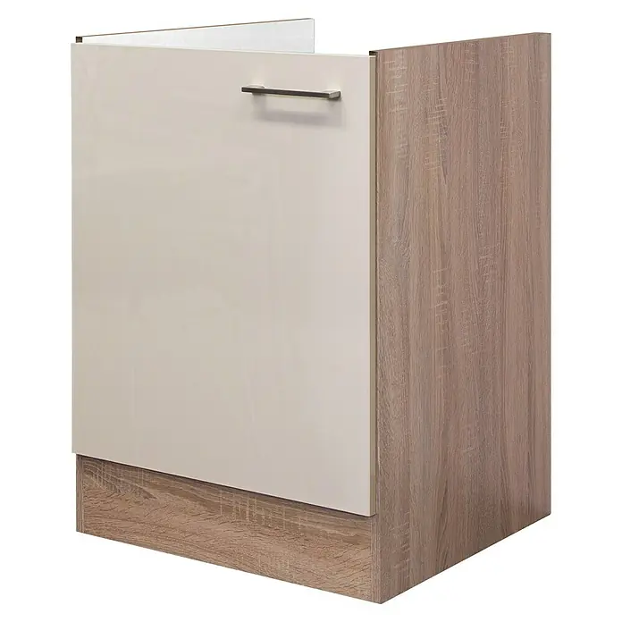 Flex-Well Palma Singleküche - 100 cm, Beige, Mit Elektrogeräten - Der Unterschrank mit einer hellen Tür und einem Griff fügt sich ideal in moderne Küchen ein. Das Holzdekor verleiht Wärme.