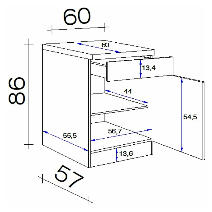 Flex-Well Rom  Küchen-Unterschrank - 60 x 60 x 86 cm, Weiß - Zeichnung eines Nachttisches mit Schublade, Tür und offenen Fächern mit den Maßen 86 x 60 x 57 cm.