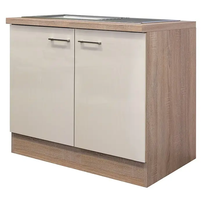 Flex-Well Palma Spülenunterschrank - Einbauspüle (Breite 86 cm), 57 x 100 x 86 cm, Dekor Front: Kaschmir Glanz, Dekor Korpus: Sonoma Eiche (außen) - Ein Küchenschrank mit zwei Türen und einer Arbeitsplatte in Holzoptik. Die Türen sind in einem hellen Cremeton gehalten und haben silberne Griffe.