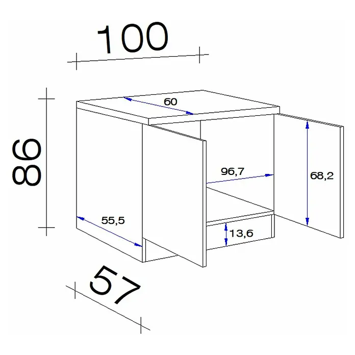 Flex-Well Rom  Spülenunterschrank - 60 x 100 x 86 cm, Weiß - Abbildung eines Unterschranks mit den Maßen 100 x 57 x 86 cm mit zwei Türen, von denen eine geöffnet ist, um den Innenraum zu zeigen.
