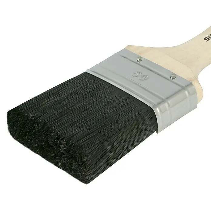 swingcolor Premium Flachpinsel Lack - Breite Borsten: 60 mm, All-in-one-Borsten, Naturholz - Nahaufnahme eines 50-mm-Flachpinsels mit schwarzen Borsten und Holzgriff, ideal für Malerarbeiten.