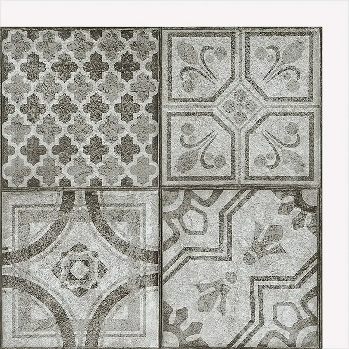 D-c-fix Fliesensticker - 6 Stk., 33,5 x 33,5 cm, Moroccan Style - Das Bild zeigt vier dekorative Bodenfliesen mit unterschiedlichen grauen Ornamentmustern, die ein attraktives Gesamtbild ergeben.