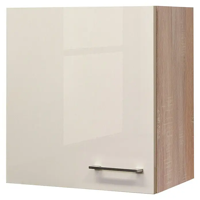 Flex-Well Palma Küchen-Hängeschrank - 32 x 50 x 54 cm, Dekor Front: Kaschmir Glanz - Ein Küchenhängeschrank mit einer glänzenden, weißen Tür und einem Holzrahmen, komplett mit einem Griff.