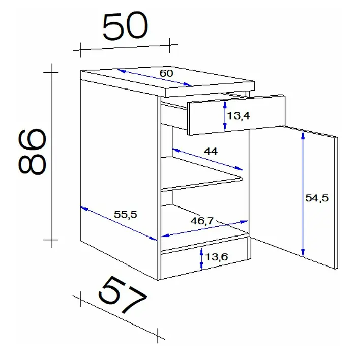 Flex-Well Rom  Küchen-Unterschrank - 60 x 50 x 86 cm, Weiß - Kabinettszeichnung mit detaillierten Maßen für ein Möbelstück mit Schublade, Tür und Regalen.