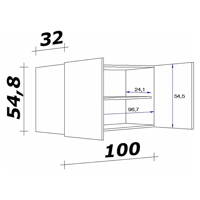 Flex-Well Tiago Küchen-Hängeschrank - B x T x H: 100 x 32 x 54,8 cm, Basaltgrau matt - Schematische Darstellung eines Wandschranks mit Abmessungen, der 100 cm breit und 54,8 cm hoch ist, mit zwei offenen Fächern.