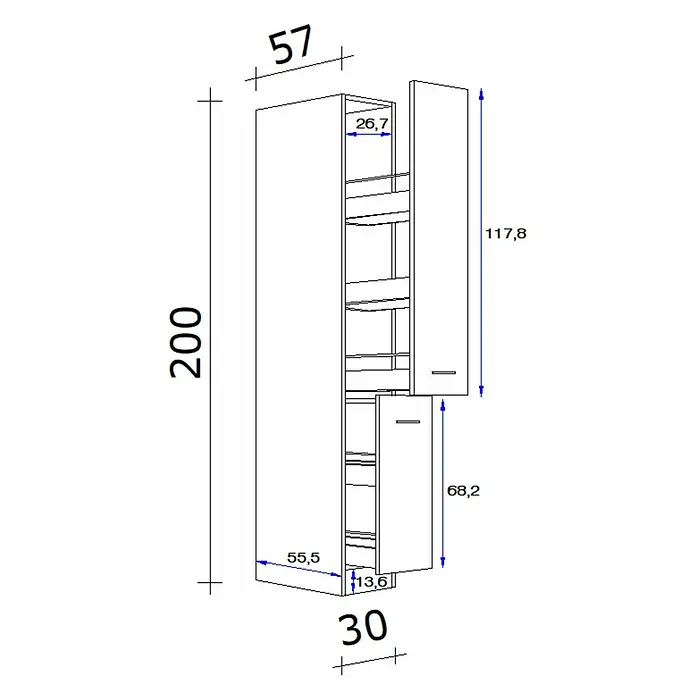 Flex-Well Apotheker-Hochschrank Capri - 57 x 30 x 200 cm, Schwarz - Abbildung eines schlanken, hohen Küchenschranks mit Schubladen und Fächern, inklusive detaillierter Maßangaben für Planung.