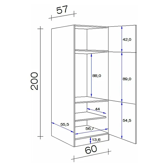 Flex-Well Wito Geräteumbauschrank - B x T x H: 60 x 57 x 200 cm, Weiß - Abbildung eines Kleiderschranks mit detaillierten Maßangaben, die die Höhe, Breite und Tiefe des Möbelstücks zeigen.