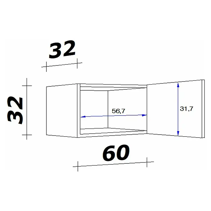 Flex-Well Samoa Hängeschrank Samoa - B x T x H: 60 x 32 x 32 cm, Braun - Skizze eines Wandschranks mit offenen Regalböden und einer Tür mit den Maßen 32x60x32 cm und einer Tiefe von 56,7 cm.