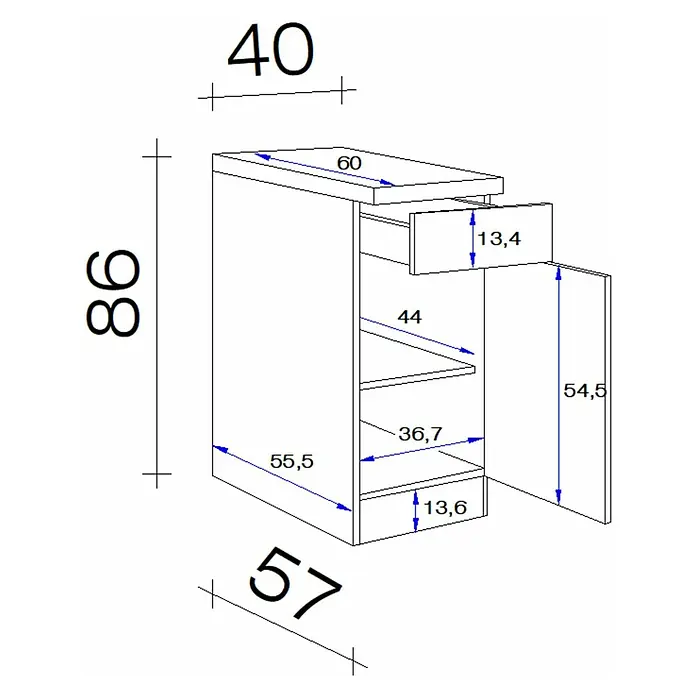 Flex-Well Turin Küchen-Hängeschrank - 32 x 40 x 54,8 cm, Anthrazit Miniperl - Diese Produktabbildung zeigt einen Badezimmerschrank mit Schublade, Tür und Regalen, inklusive Maßangaben für eine detaillierte Ansicht.