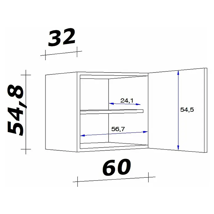 Flex-Well Lucca Küchen-Hängeschrank - B x T x H: 60 x 32 x 54,8 cm, Weiß - Bild einer Küchenhängeschrank-Skizze mit Maßangaben. Der Hängeschrank hat zwei Regale und eine offene Tür zur Ansicht des Innenraums.