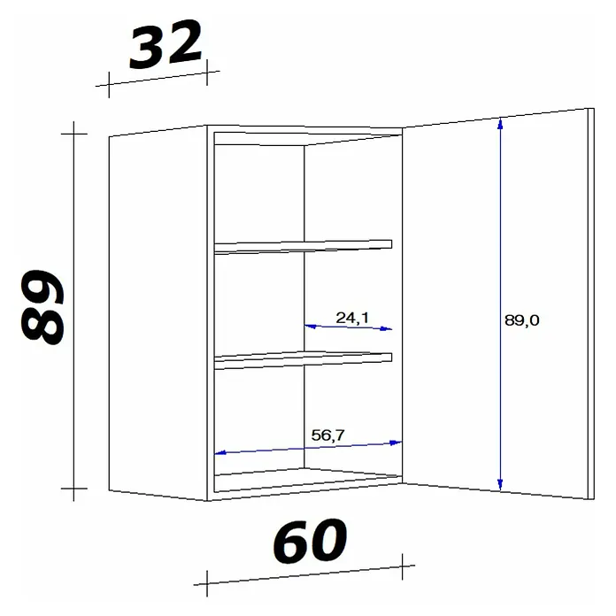 Flex-Well Wito Küchen-Hängeschrank - B x T x H: 60 x 32 x 89 cm, Weiß - Abbildung eines Wandschranks mit den Maßen 89x60x32 cm und drei Einlegeböden zur Verdeutlichung der Raumaufteilung.