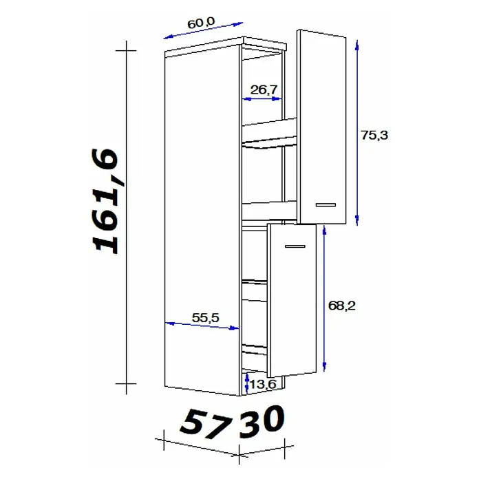 Flex-Well Rom  Demi-Apothekerschrank - 57 x 60 x 161 cm, Weiß - Skizze eines Hochschranks mit detaillierten Maßangaben für Planung und Design. Die klaren Linien betonen die Funktionalität des Möbels.