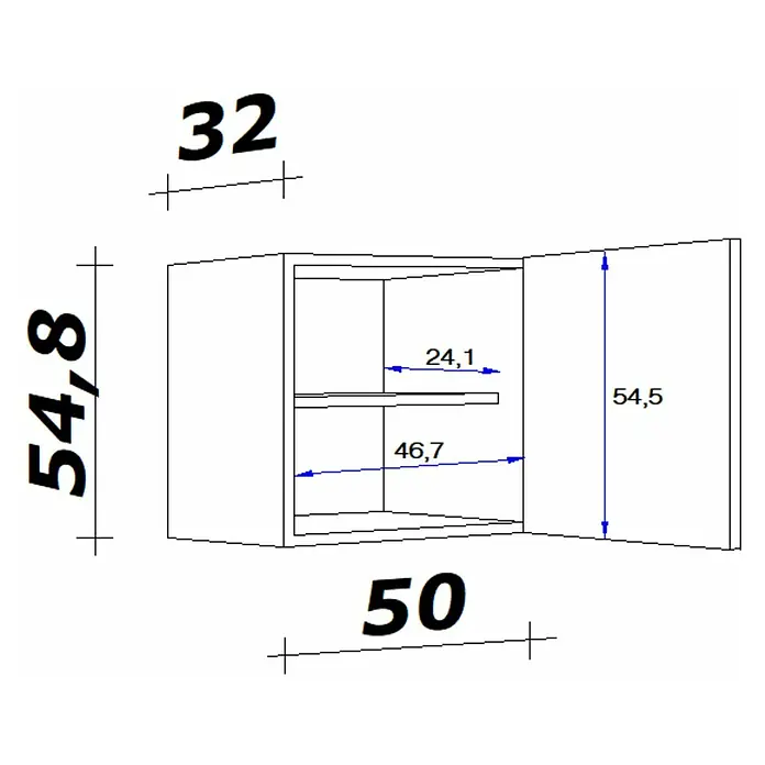 Flex-Well Lucca Küchen-Hängeschrank - B x T x H: 50 x 32 x 54,8 cm, Weiß - Darstellung eines offenen Hängeschranks mit Fachböden und Maßangaben. Ideal zur Planung und Visualisierung von Küchenmöbeln.