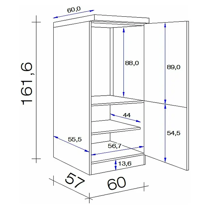 Flex-Well Palma Ergänzungsblock - 60 x 60 x 161 cm, Dekor Front: Sonstige - Abbildung eines Kleiderschranks mit Maßen. Der Schrank ist mit einer offenen Tür, Regalen und einer Schublade dargestellt.