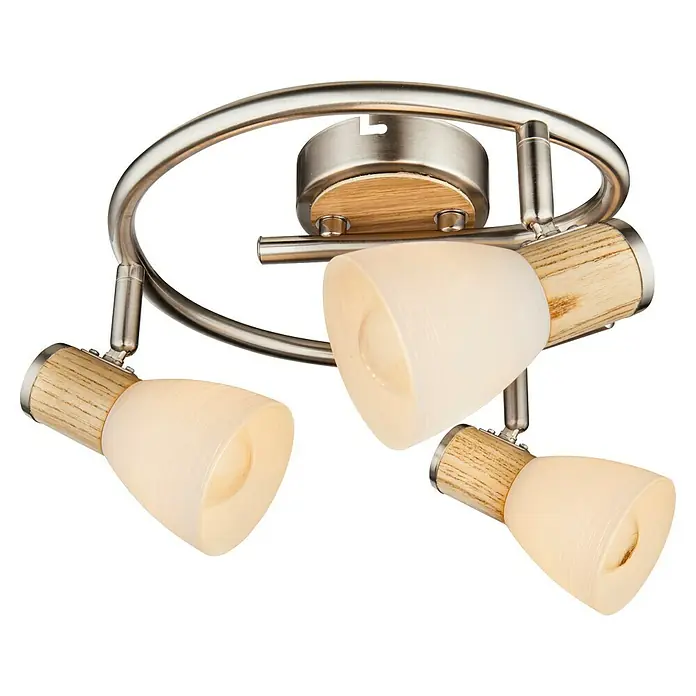 Globo Gylfii Deckenstrahler - 120 W, L x B x H: 25 x 25 x 15,5 cm, Nickel matt, Opal, E14, Anzahl Leuchtmittel: 3 Stk. - Nahaufnahme einer modernen Deckenleuchte mit drei Strahlern mit Holzdetails und satinierten Gläsern, vor einem schwarzen Hintergrund.