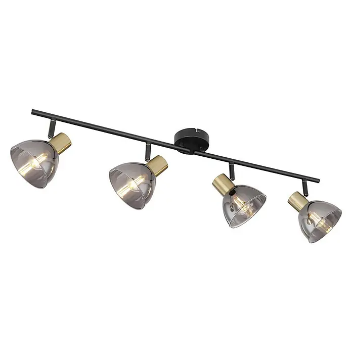 Globo Regleta Jay - 25 W, L x An x Al: 79 x 11 x 17,5 cm, Negro, E14 - Lámpara de techo moderna con cuatro focos. El diseño presenta pantallas de vidrio gris y detalles dorados sobre un riel negro.