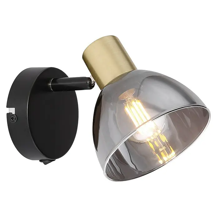 Globo Foco de pared Jay - 25 W, L x An x Al: 30 x 11 x 17,5 cm, Negro, E14 - Lámpara de pared con base negra, cuello dorado y pantalla de vidrio ahumado que muestra una bombilla brillante y cálida.