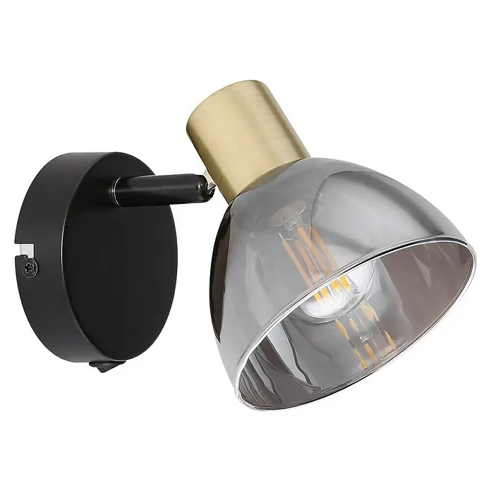 Globo Foco de pared Jay - 25 W, L x An x Al: 30 x 11 x 17,5 cm, Negro, E14 - Primer plano de una lámpara de pared elegante con base negra y cabezal dorado, que muestra un diseño elegante y moderno.