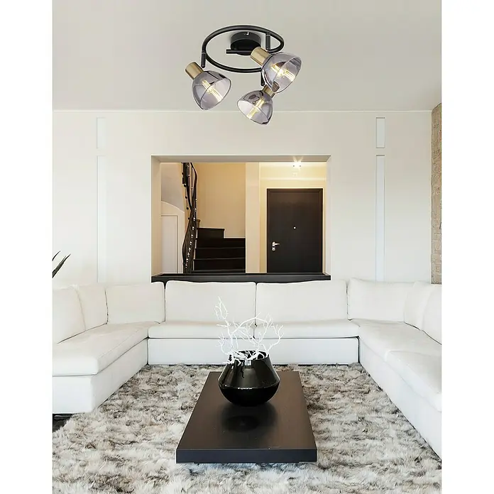 Globo Regleta Jay - 25 W, L x An x Al: 9 x 9 x 17,5 cm, Negro, E14 - Lámpara de techo con tres pantallas de vidrio ahumado y detalles dorados. Proporciona una iluminación elegante en la habitación.