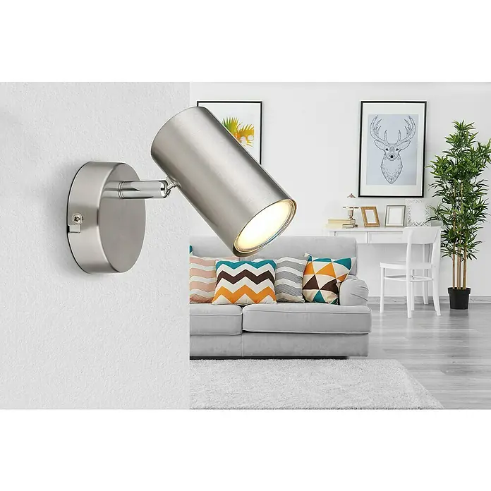 Globo Allvi Foco de pared - 25 W, L x An x Al: 12 x 8 x 10 cm, Níquel mate, GU10, 1 ud. - Aplique de pared moderno de acero cepillado. El cabezal de la lámpara es pivotante para dirigir la luz individualmente. Ideal para salones y dormitorios.