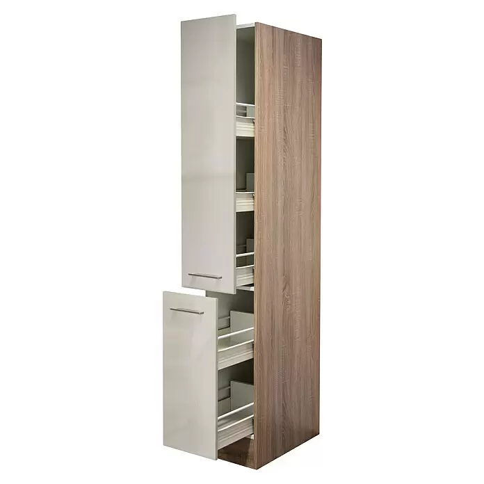 Flex-Well Palma Apotheker-Hochschrank57 x 30 x 200 cm, Dekor Front: Kaschmir Glanz, Dekor Korpus: Sonoma Eiche (außen) Diagonal View