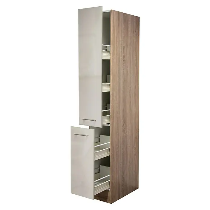 Flex-Well Palma Apotheker-Hochschrank - B x T x H: 30 x 57 x 200 cm, Kaschmir Glanz - Aufnahme eines Apothekerschranks mit einer weißen Front und einem hölzernen Schrankkorpus, der für eine Küche oder einen Hauswirtschaftsraum geeignet ist.