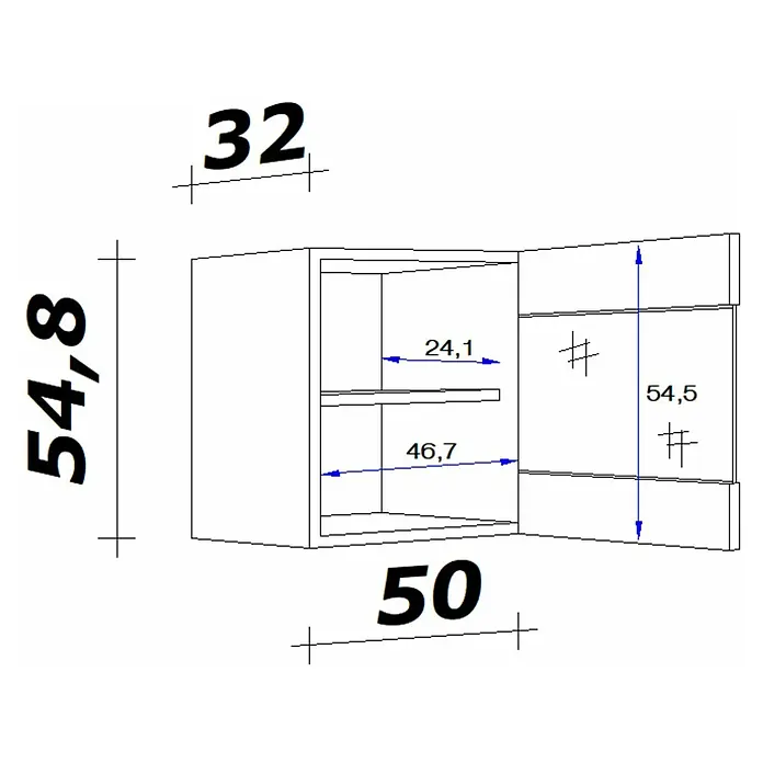 Flex-Well Glas-Hängeschrank Capri - 32 x 50 x 54,8 cm, Schwarz - Produktabbildung einer Schrankzeichnung mit Maßen. Der Schrank ist mit Einlegeböden versehen. Höhe: 54,8, Breite: 50, Tiefe: 32.