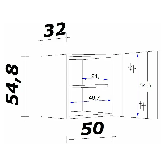 Flex-Well Wito Glas-Hängeschrank - B x T x H: 50 x 32 x 54,8 cm, Weiß - Abbildung eines Wandschranks mit offen stehender Tür und Maßangaben für Höhe, Breite und Tiefe zur detaillierten Produktansicht.