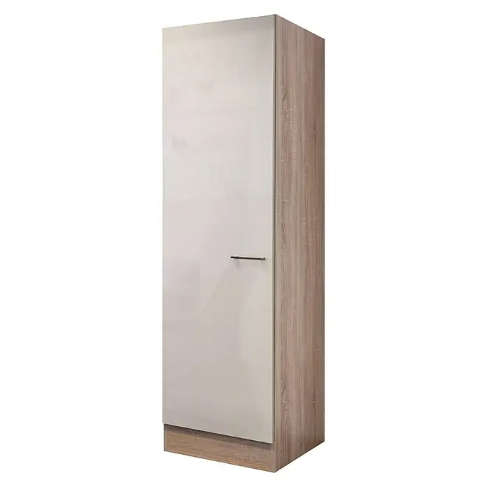 Flex-Well Palma Geschirrschrank - 57 x 50 x 200 cm, Dekor Front: Kaschmir Glanz, Dekor Korpus: Sonoma Eiche (außen) - Schrank mit einer weißen Tür und einer Holzstruktur an der Seite. Eleganter Stauraum für moderne Einrichtungen mit einem schlichten Griff.