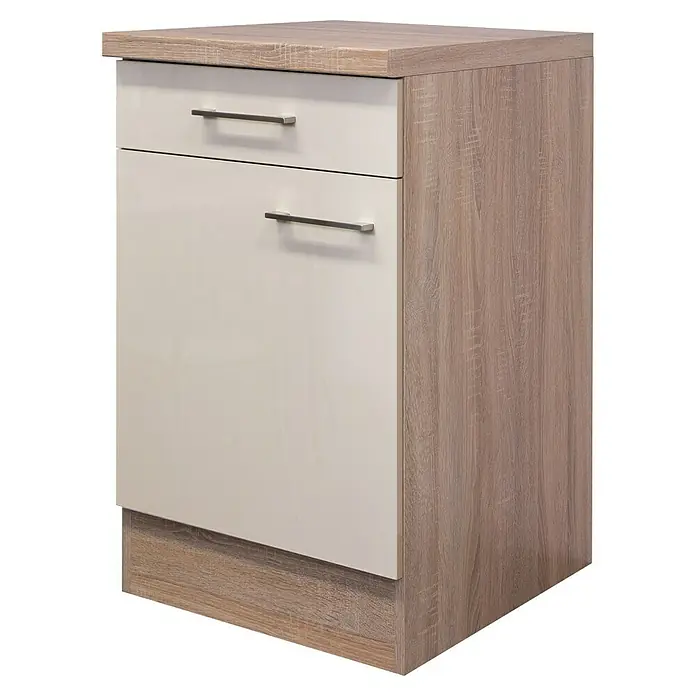 Flex-Well Palma Küchen-Unterschrank - 57 x 50 x 86 cm, Dekor Front: Kaschmir Glanz - Ein Waschbeckenunterschrank mit Schublade und Schranktür in Weiß und Holzoptik.