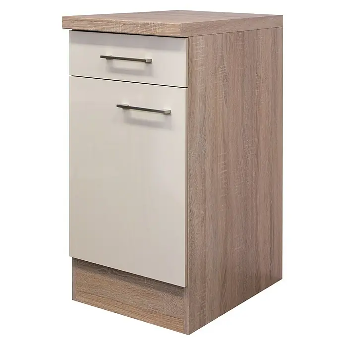Flex-Well Palma Küchen-Unterschrank - 57 x 40 x 86 cm, Dekor Front: Kaschmir Glanz - Ein kompakter Küchenunterschrank mit zwei Schubladen in Holz- und Weißtönen, ideal für moderne Küchen.