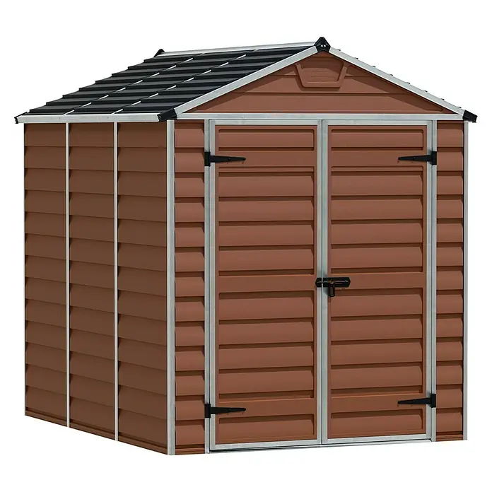 Palram – Canopia Caseta de jardín Skylight - Medidas ext. (An x Pr): 185 x 229 cm, Plástico, Ámbar - Imagen de un cobertizo marrón con techo gris y detalles plateados. Ideal para guardar herramientas de jardín y equipos.