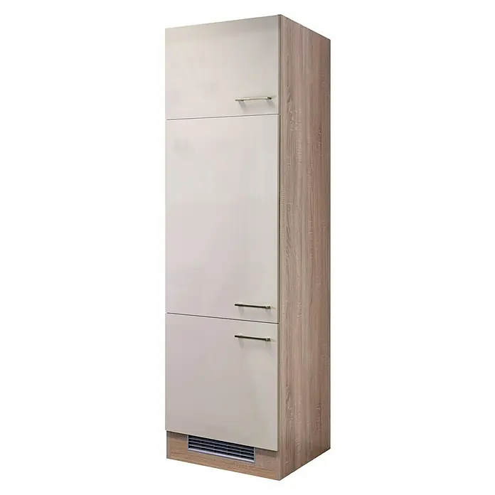 Flex-Well Palma Geräteumbauschrank - 57 x 60 x 200 cm, Dekor Front: Kaschmir Glanz, Dekor Korpus: Sonoma Eiche (außen) - Ein schlanker Küchenschrank in Beige und Holzoptik mit Griffen. Ideal für die moderne Küche zur stilvollen Aufbewahrung.