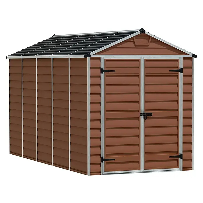 Palram – Canopia Caseta de jardín Skylight - Medidas ext. (An x Pr): 185 x 378 cm, Plástico, Ámbar - Cobertizo marrón con puertas dobles y techo negro. Una solución de almacenamiento práctica para su espacio exterior.