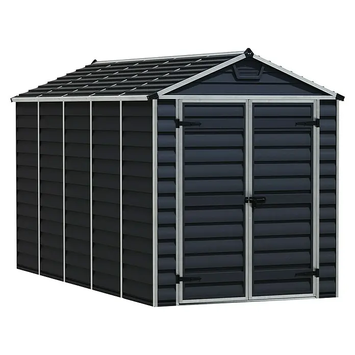 Palram – Canopia Caseta de jardín Skylight - Medidas ext. (An x Pr): 185 x 378 cm, Plástico, Antracita - Una caseta de jardín de color gris oscuro con detalles plateados y un techo a dos aguas, ideal para el almacenamiento exterior.