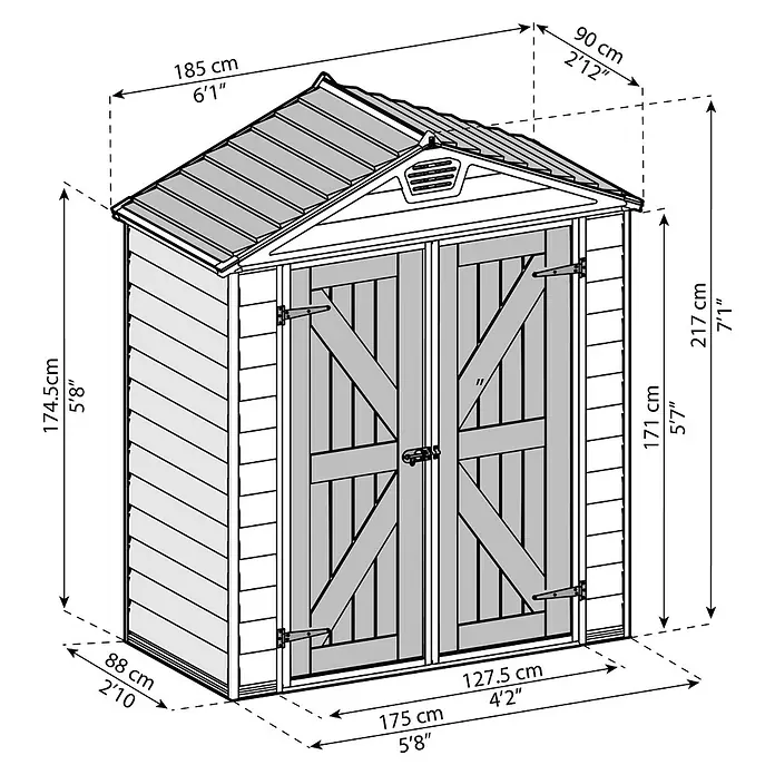 Palram – Canopia Caseta de jardín Skylight - Medidas ext. (An x Pr): 185 x 90 cm, Plástico, Antracita/gris - Un dibujo esquemático detallado de un cobertizo de herramientas, incluyendo todas las especificaciones dimensionales, incluyendo altura, anchura y profundidad.