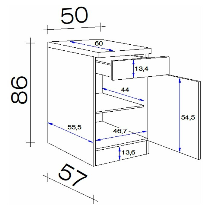 Flex-Well Palma Unterschrank (57 x 50 x 86 cm, Dekor Front: Kaschmir Glanz, Dekor Korpus: Sonoma Eiche (außen))