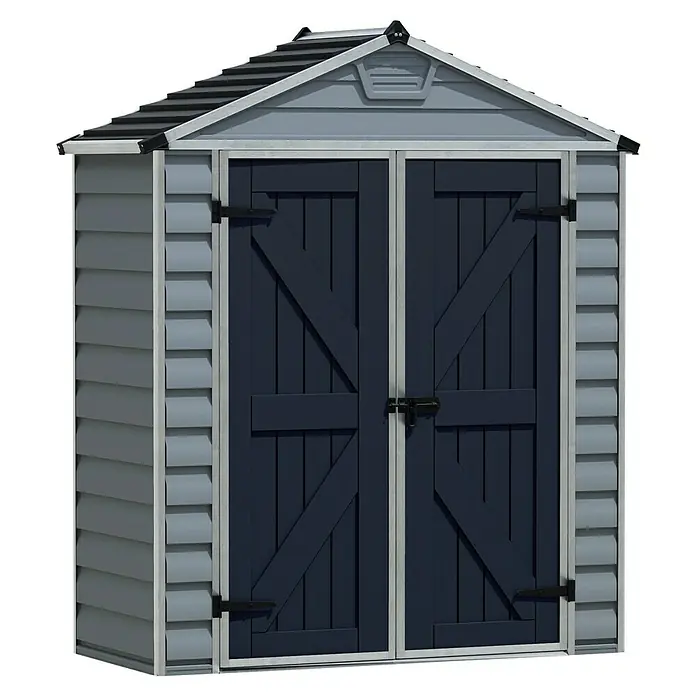 Palram – Canopia Caseta de jardín Skylight - Medidas ext. (An x Pr): 185 x 90 cm, Plástico, Antracita/gris - Una caseta de jardín con dos puertas de madera azul y madera gris en los lados, ideal para guardar herramientas y equipos de jardín.