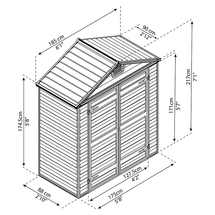 Palram – Canopia Gartenhaus Skylight - Außenmaß inkl. Dachüberstand (B x T): 185 x 90 cm, Kunststoff, Anthrazit/Grau - Abbildung eines Gartenhauses mit Maßangaben zu Höhe, Breite und Tiefe in Zentimetern und Fuß.
