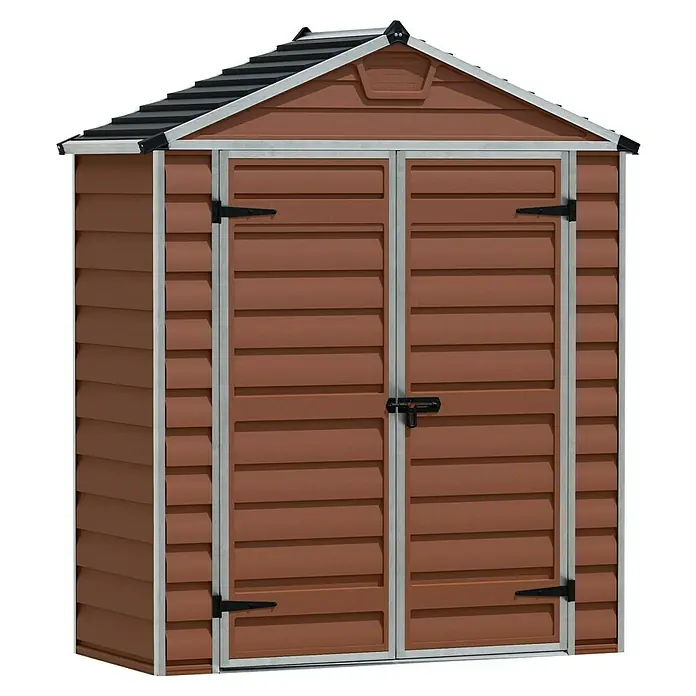 Palram – Canopia Caseta de jardín Skylight - Medidas ext. (An x Pr): 185 x 90 cm, Plástico, Ámbar - Un cobertizo de jardín marrón con doble puerta y techo negro. Perfecto para guardar al aire libre herramientas y equipos de jardín.