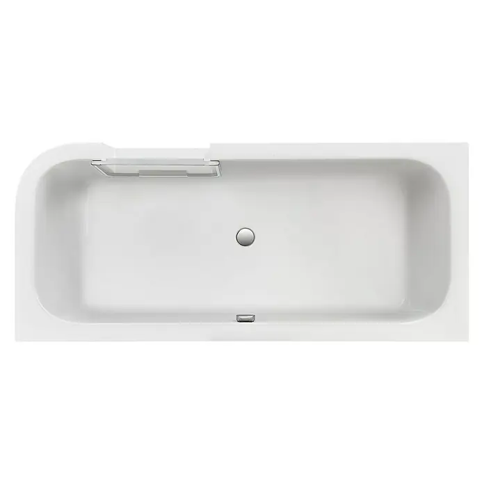 Ottofond Badewanne Pueblo - 180 x 80 cm, Sanitäracryl, Weiß, Rechts, Mit Ab- und Überlaufgarnitur und Wassereinlauf - Aufsicht auf eine weiße Badewanne mit Armatur und Überlaufschutz. Das Becken ist rechteckig mit abgerundeten Ecken.
