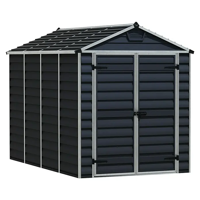 Palram – Canopia Caseta de jardín Skylight - Medidas ext. (An x Pr): 185 x 303,6 cm, Plástico, Antracita - Un cobertizo de jardín espacioso con puertas dobles, perfecto para guardar herramientas y muebles de jardín. El diseño resistente a la intemperie garantiza durabilidad.