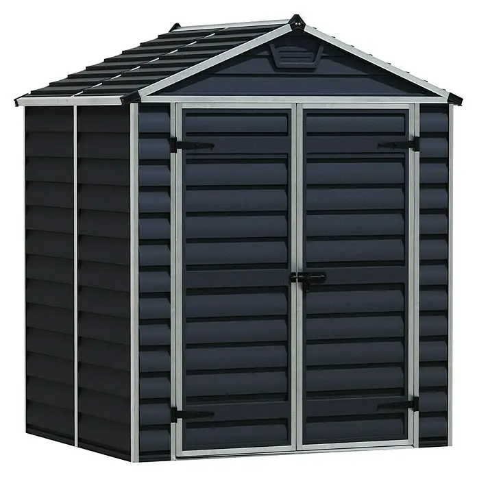 Palram – Canopia Caseta de jardín Skylight - Medidas ext. (An x Pr): 185 x 154 cm, Plástico, Antracita - Imagen de una caseta de jardín de plástico. La caseta de jardín tiene una puerta doble y un techo a dos aguas. Ideal para guardar cosas en el jardín.