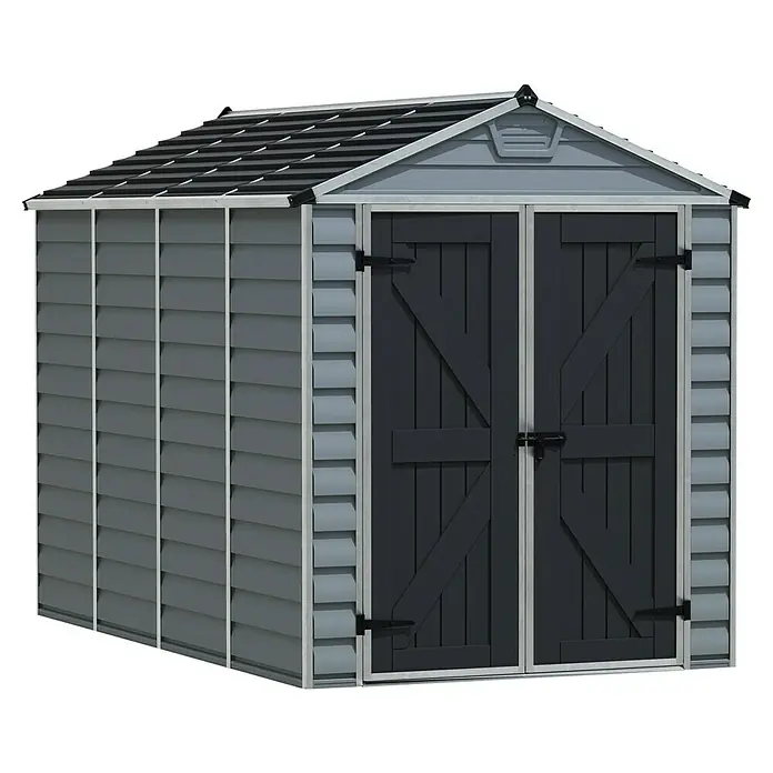 Palram – Canopia Caseta de jardín Skylight - Medidas ext. (An x Pr): 185 x 303,6 cm, Plástico, Antracita/gris - Un cobertizo de jardín gris con puerta doble y techo a dos aguas. Ideal para guardar herramientas y equipos de jardín en el exterior.
